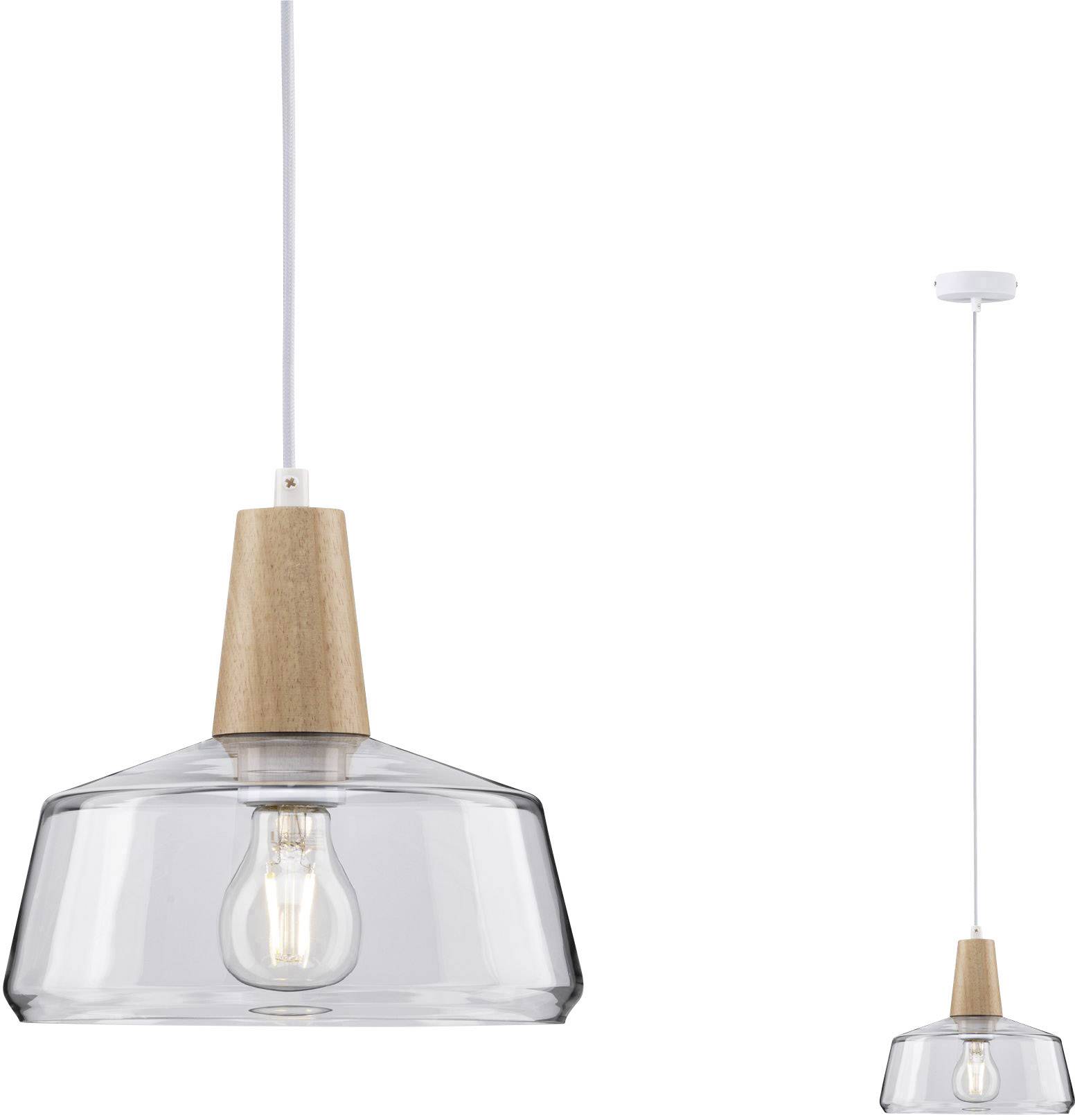 Závesná lampa s priehľadným skleneným tienidlom a drevenými detailmi, ktorá odhaľuje žiarovku vo vnútri. Jednoduché, moderné dizajnové riešenie.