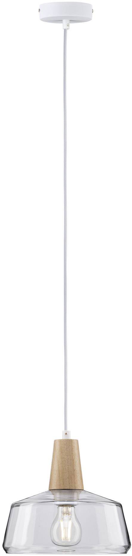 Závesná lampa s priesvitným skleneným tienidlom a dreveným prvkom, jednoduché moderné dizajnové prevedenie, biela závesná konštrukcia, vhodná do obytných alebo pracovných priestorov.