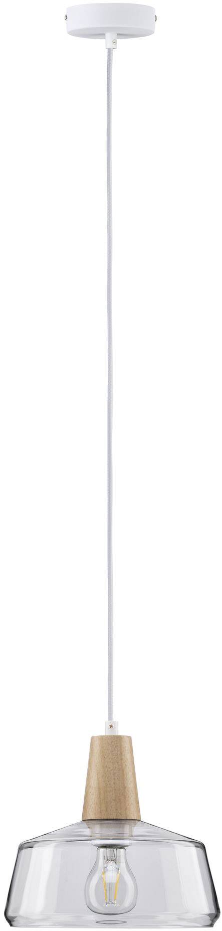 Závesná lampa s priehľadným skleneným tienidlom a dreveným prvkom, ktorá vykazuje minimalistický dizajn, vhodná do moderných interiérov.