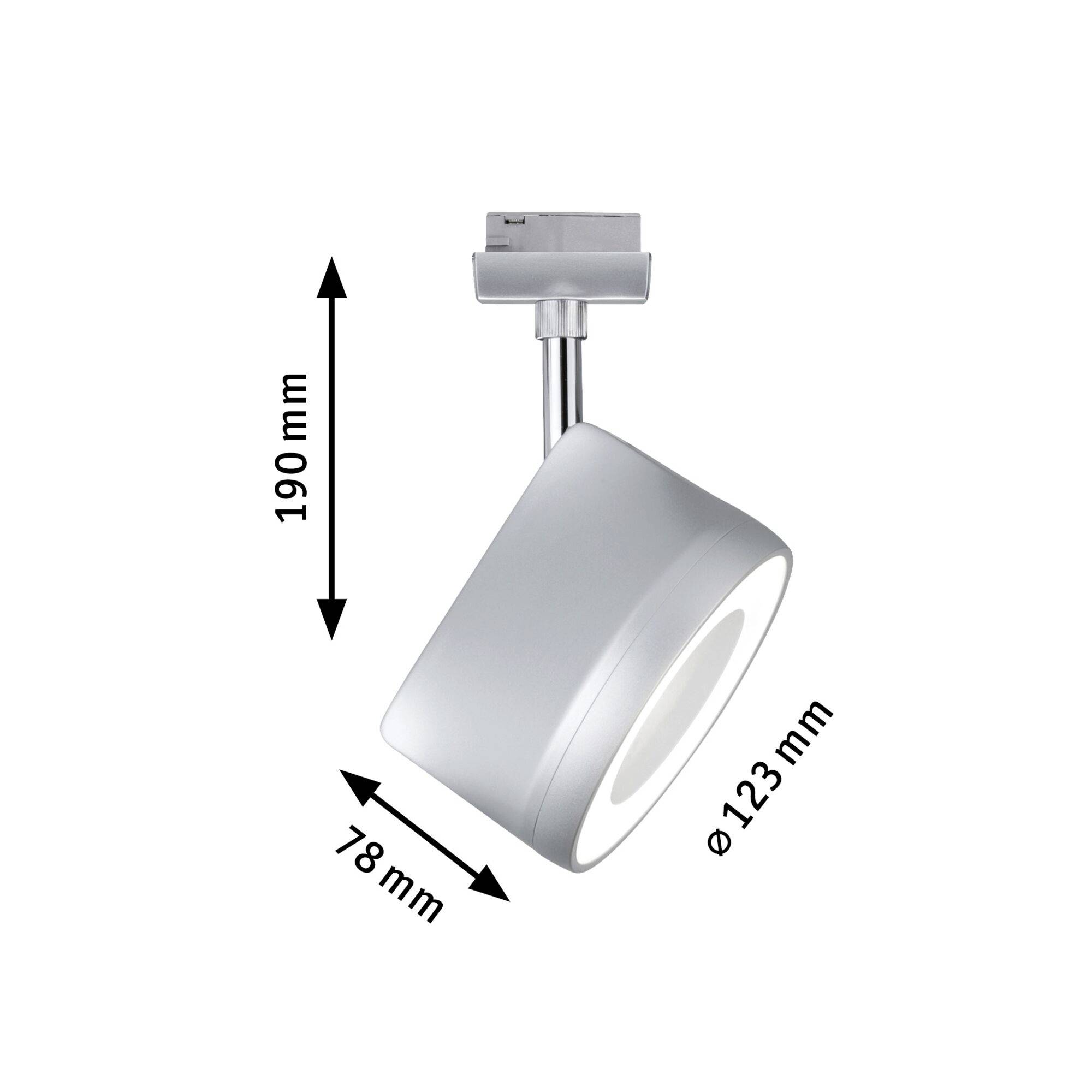 Nastaviteľný, okrúhly LED reflektor s rozmermi: výška 190 mm, šírka 78 mm, priemer 123 mm. Upevnený na držiaku.