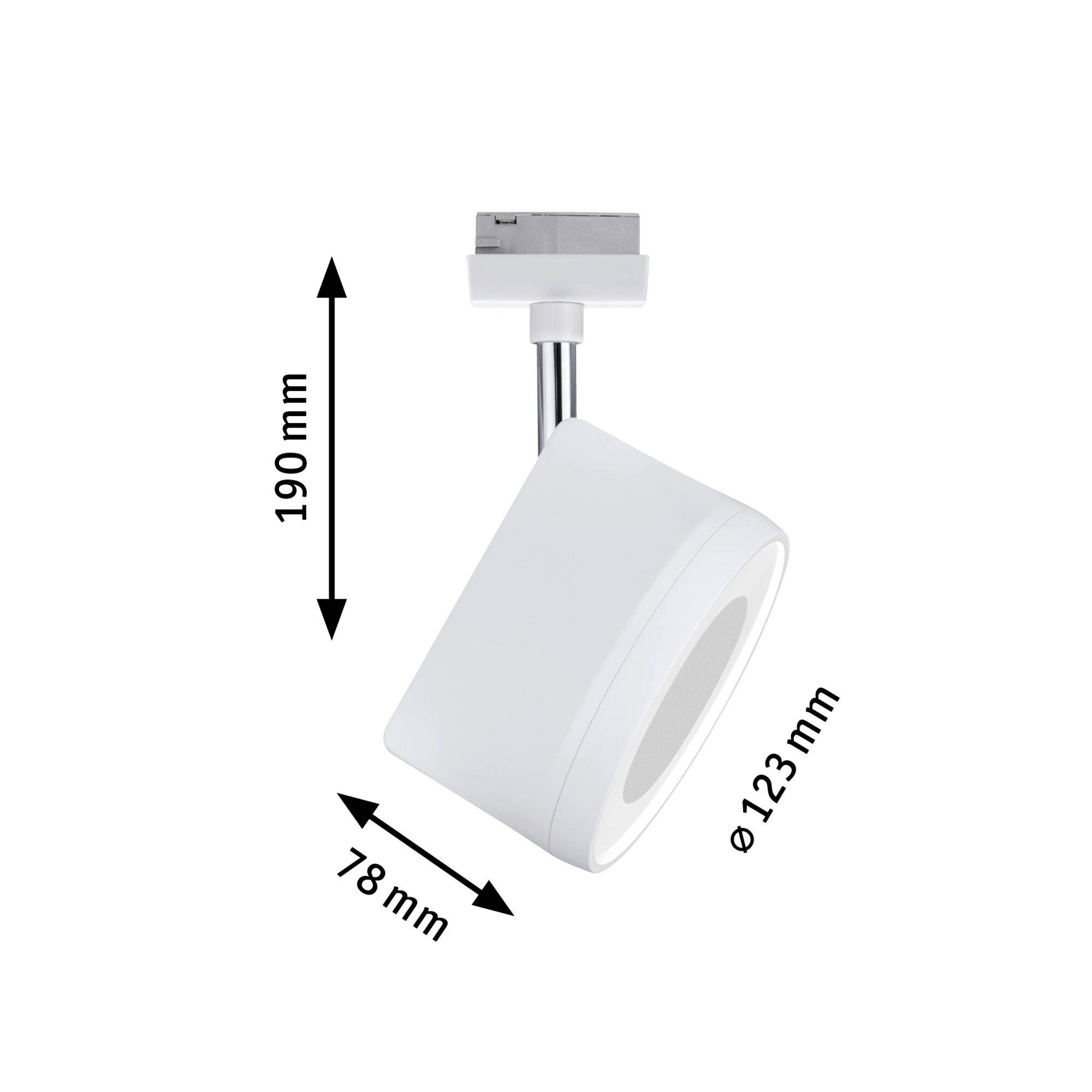 Biely cylindrický stropný reflektor s rozmermi 190 mm výška, 78 mm šírka a priemerom 123 mm je zobrazený.