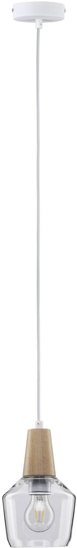 Závesná lampa s priehľadným skleneným tienidlom, dreveným detailom na objímke a bielym káblom. Vhodná do moderného, minimalistického interiéru.