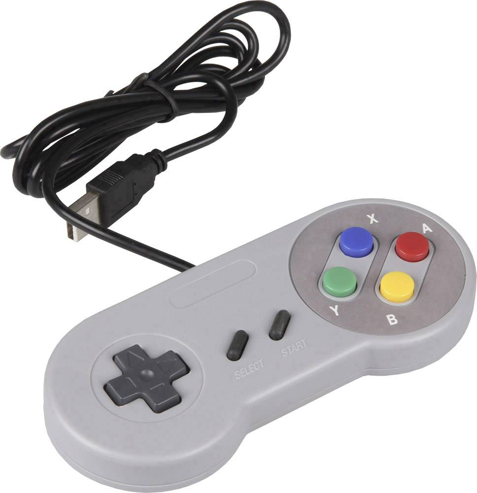Sivý retro herný ovládač s krížovým ovládačom, štyrmi farebnými tlačidlami (X, A, B, Y) a USB pripájacím káblom.
