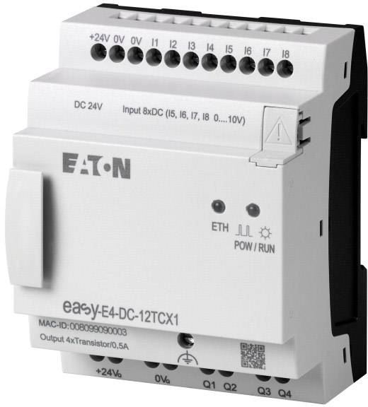 Priemyselný elektronický modul s viacerými možnosťami pripojenia. Nápis 'EATON', model 'ea9y-E4-DC-12TCX1'.