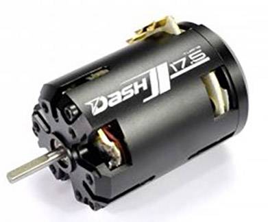 Čierny elektromotor s nápisom 'Dash 17S', zobrazujúci vnútorné vinutia a kovovú os, sfotografovaný z prednej bočnej strany.