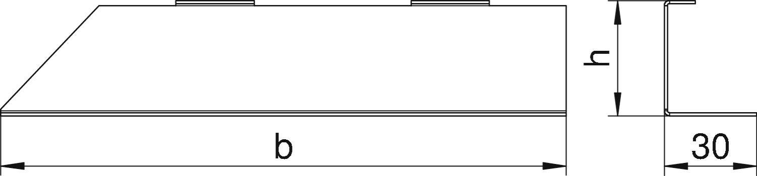 Schematický nákres lichobežníka. Základňa 'b', výška 'h'. Pravá strana zobrazuje vertikálne vyznačenie miery s hodnotou 30. Náčrt objektu bez mierky.