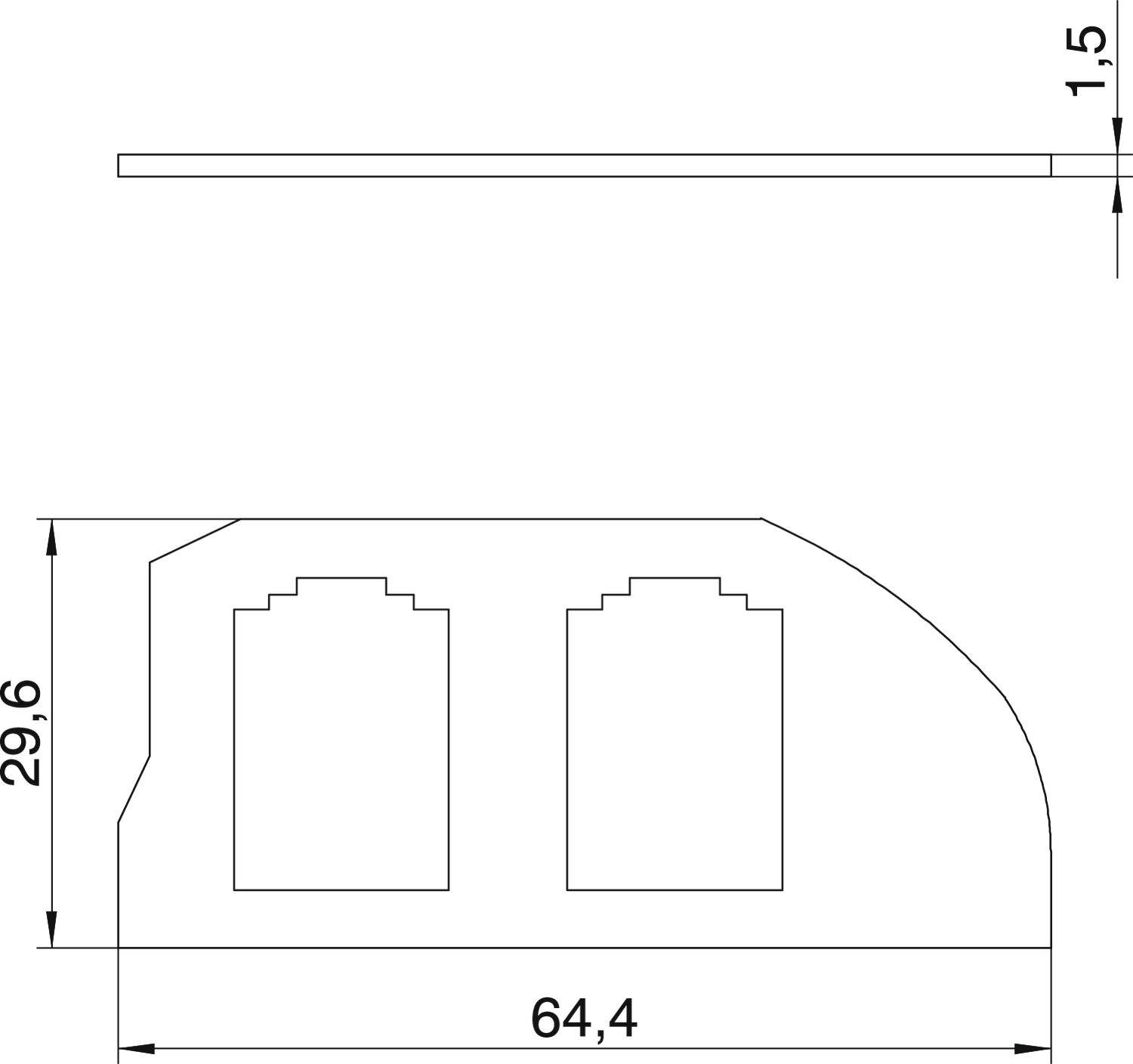 Technický výkres obdĺžnikovej kovovej dosky s dvomi štvorcovými výrezmi. Rozmery: výška 29,6 mm, šírka 64,4 mm, hrúbka 1,5 mm.