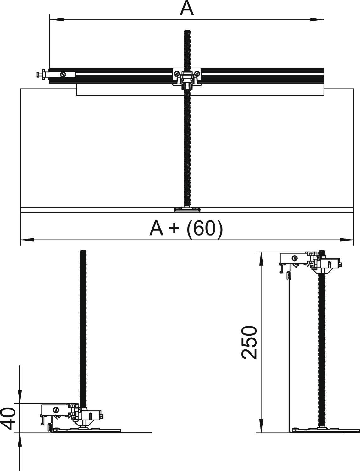 Technický výkres vertikálneho upevňovacieho ramena s držiakom. Pohľad zhora zobrazuje celkovú šírku 'A + 60', bočné rozmery '250' a '40'.