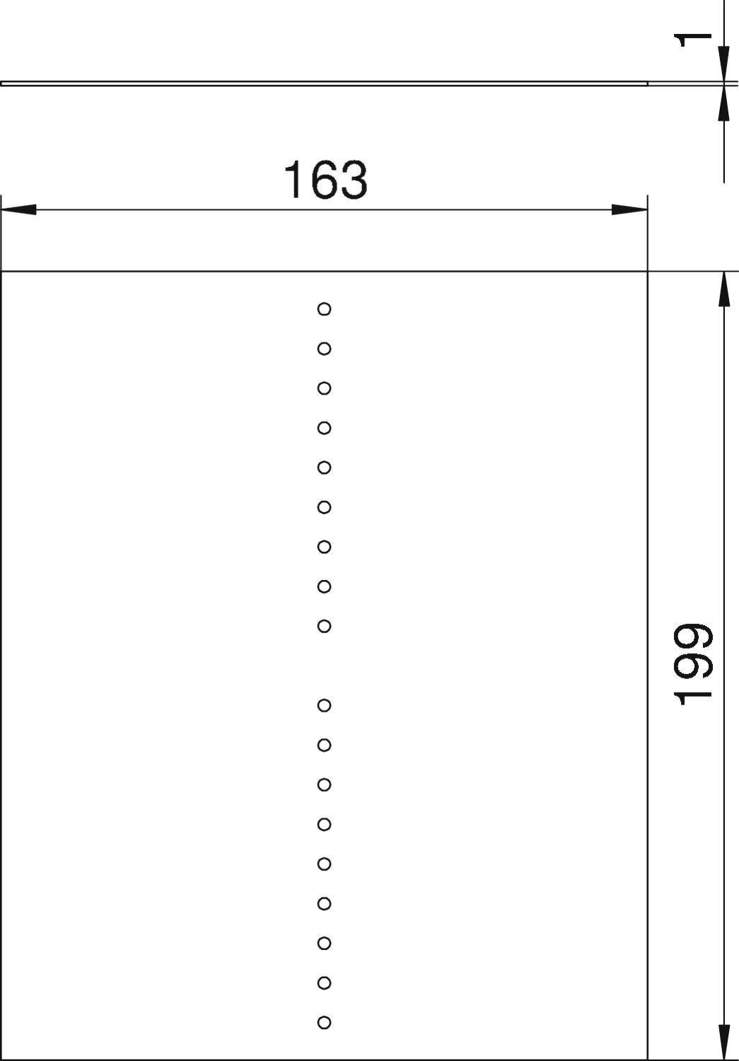 Technický výkres obdĺžnikového objektu s rozmermi 163 x 199 mm, zobrazujúci stredový rad otvorov.