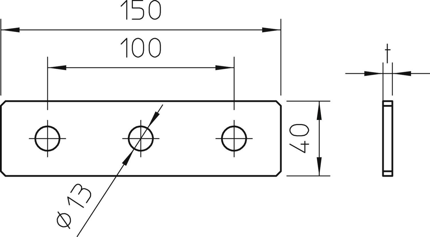 Technický výkres obdĺžnikového kovového plechu, 150 mm x 40 mm, s tromi otvormi (Ø 13 mm) navzájom vzdialenými 50 mm.