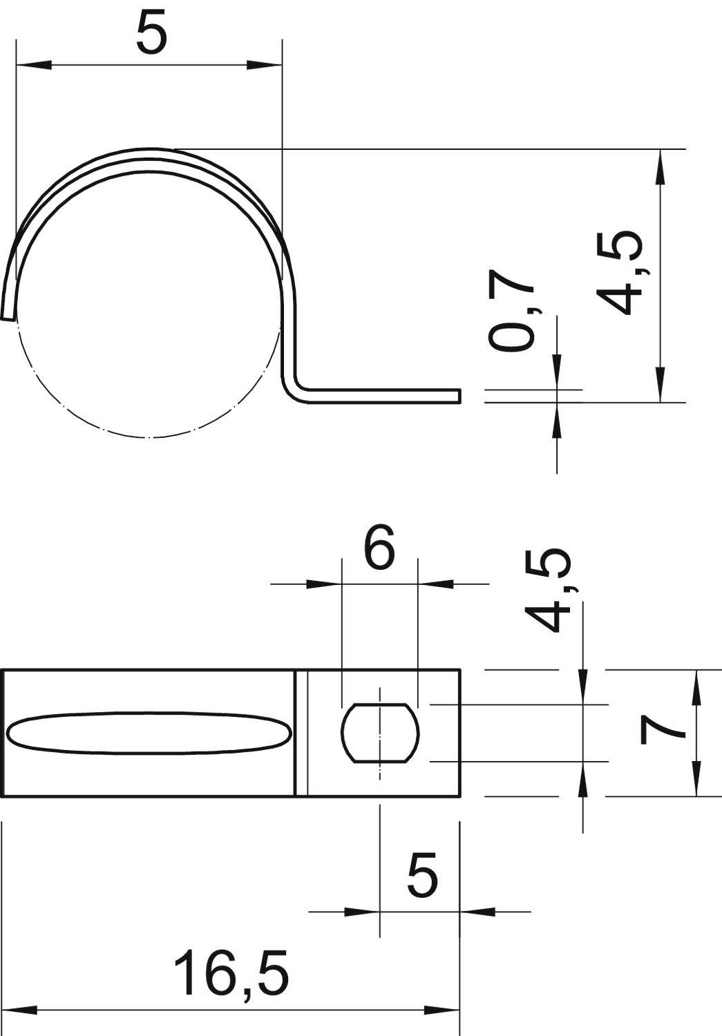Technický výkres kovového háčika s rozmermi: celková dĺžka 16,5 mm, šírka 7 mm, výška háčika 4,5 mm, hrúbka materiálu 0,7 mm.