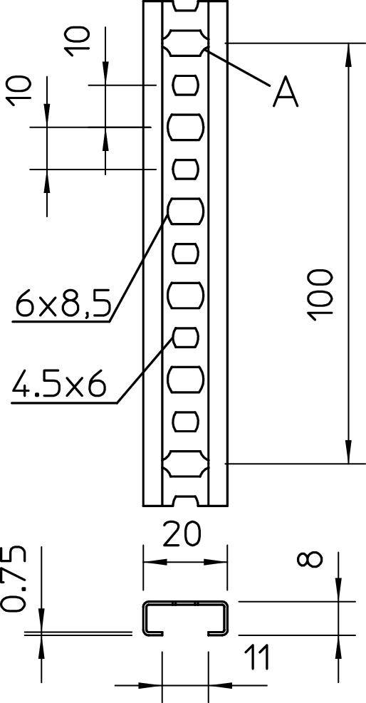 Technický výkres kovového profilu s rozmermi v milimetroch: dĺžka 100, šírka 20, výška 11; veľkosti otvorov 6x8,5 a 4,5x6.