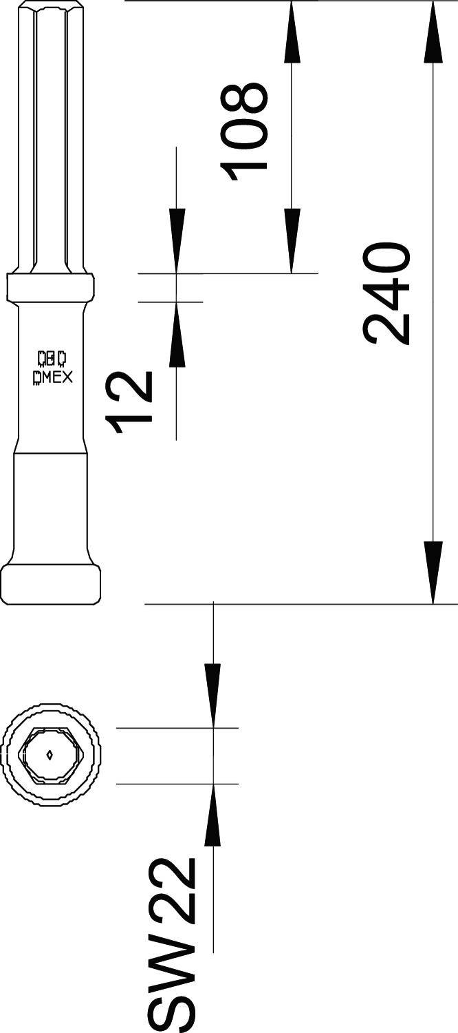 Technický výkres nástroja s rozmermi: celková dĺžka 240 mm, priemer hore 12 mm, bočný pohľad SW22.