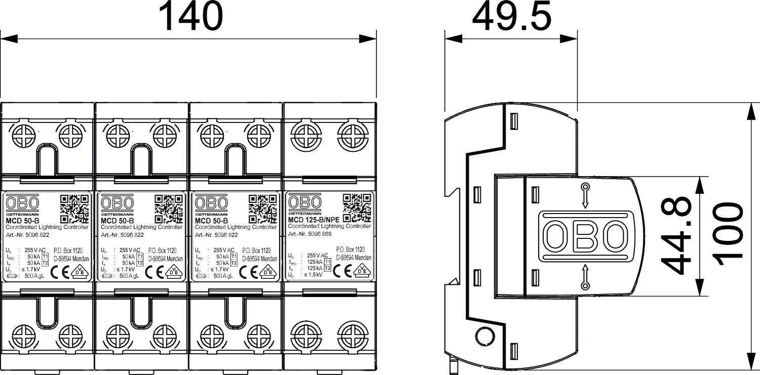 'Technický výkres prepäťovej ochrany od OBO. Rozmery: šírka 140 mm, hĺbka 49,5 mm, výška 100 mm. Obsahuje QR a CE symbol.'