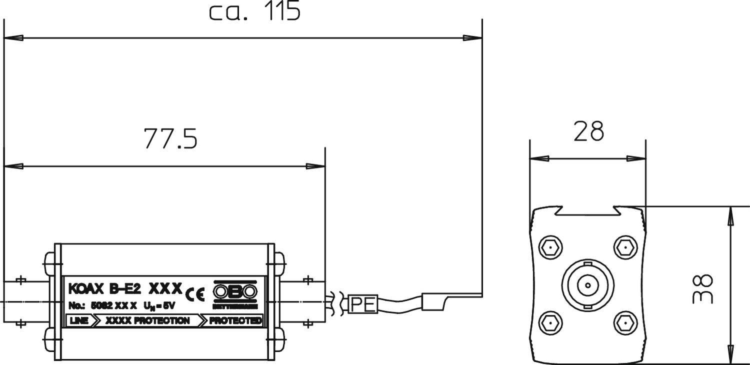 Technický výkres elektrického komponentu. Rozmery: 115 mm, 77,5 mm, 38 mm. Označenia: 'LIM', 'XXXX OCHRANA', CE znak.