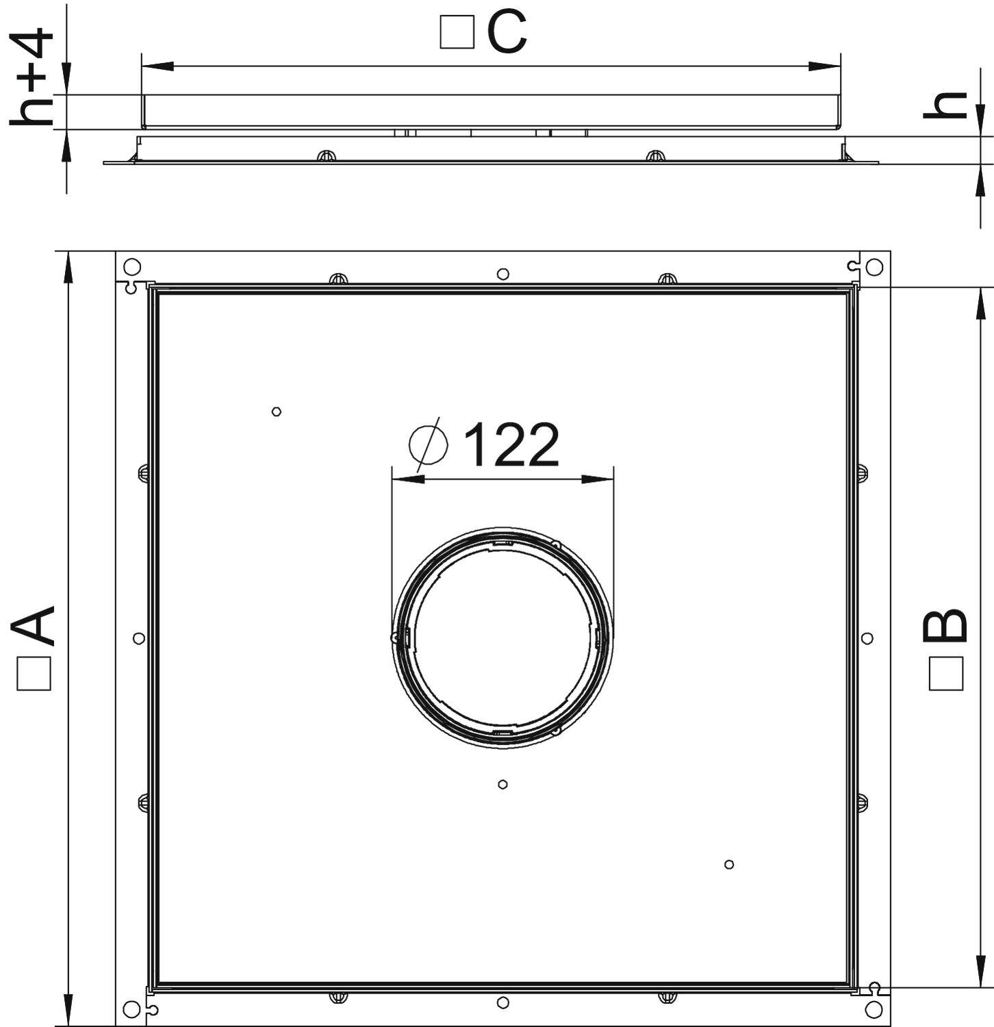 Technický výkres štvorcového ventilátora s hlavným otvorom Ø122 mm. Rozmery: A, B, C, h uvedené. Pohľad zhora a pohľad z boku.