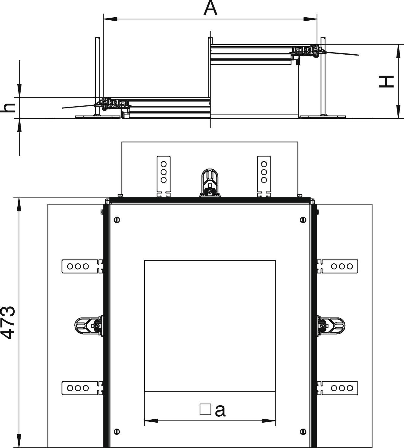 Technický výkres elektrického zariadenia s rozmermi. Pohľad spredu zobrazuje prípojné miesta, pohľad zhora objasňuje konštrukciu a rozmery.