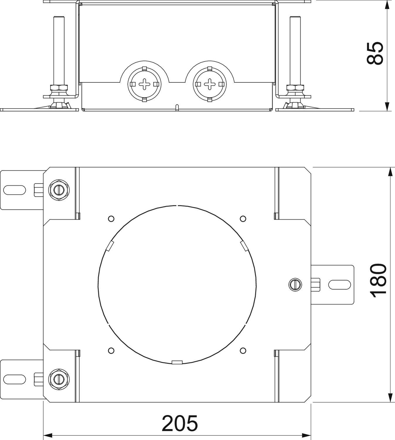 Technický nákres obdĺžnikového zariadenia s okrúhlym, centrálnym otvorom. Rozmery: 205 mm šírka, 180 mm výška.