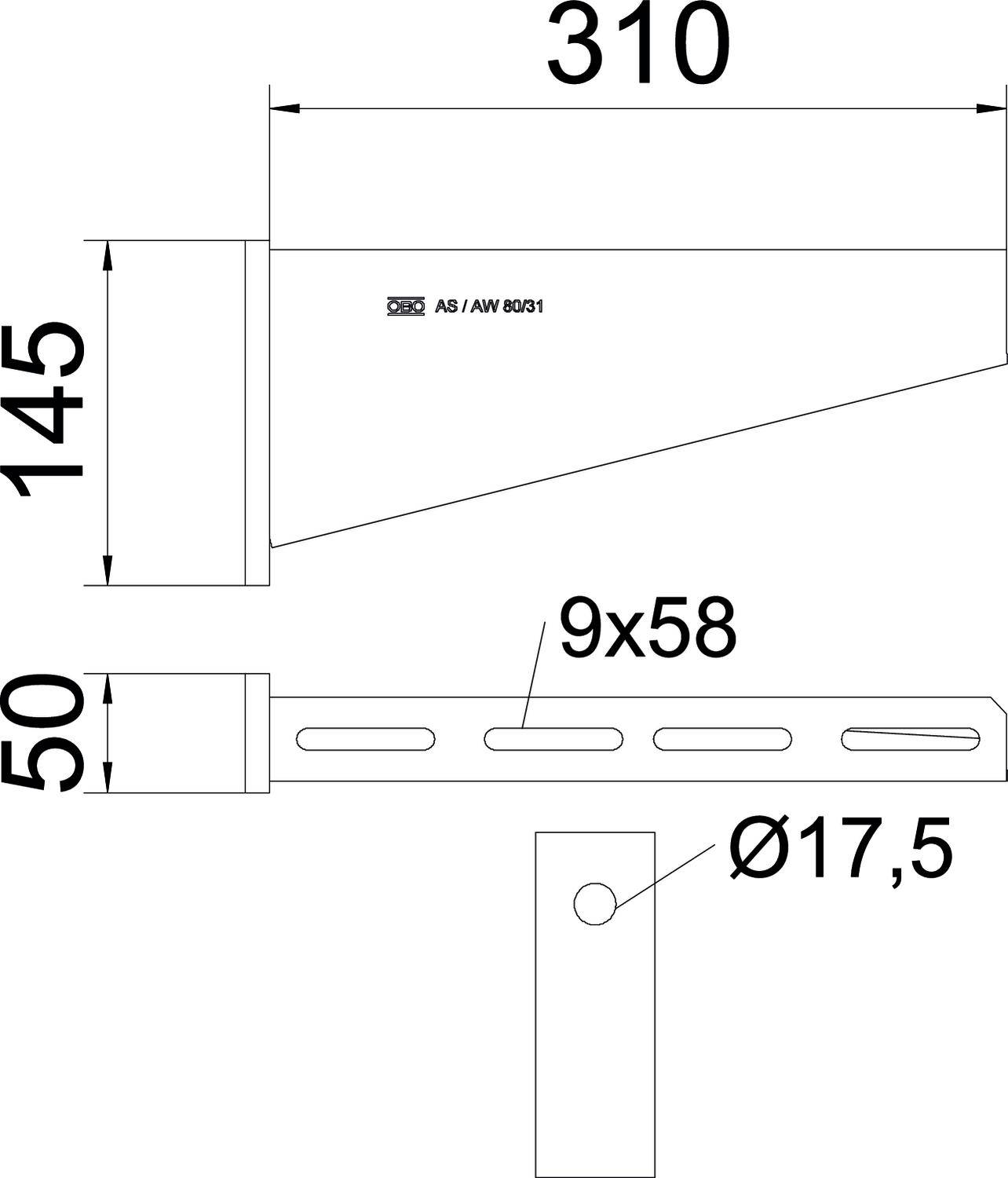 Technický výkres úchytného uhla s rozmermi: dĺžka 310 mm, výška 145 mm, šírka 50 mm. Skrutkové otvory Ø17,5 mm.
