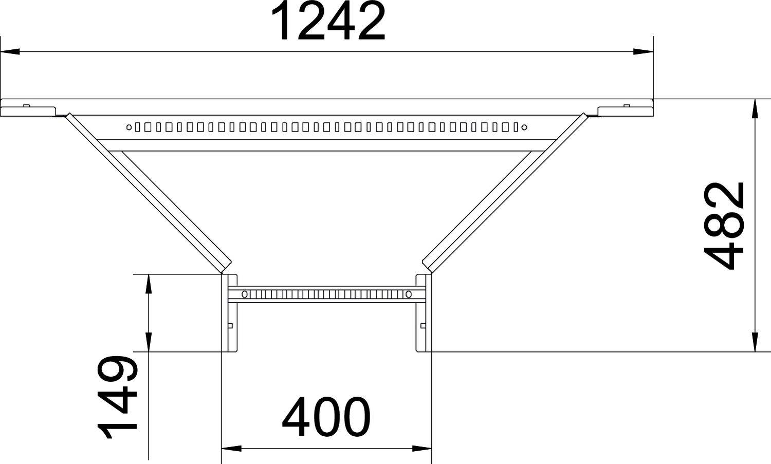 Technický výkres kovového nosníka s rozmermi: dĺžka 1242 mm, výška 482 mm, základná šírka 400 mm, dodatočná výška 149 mm.