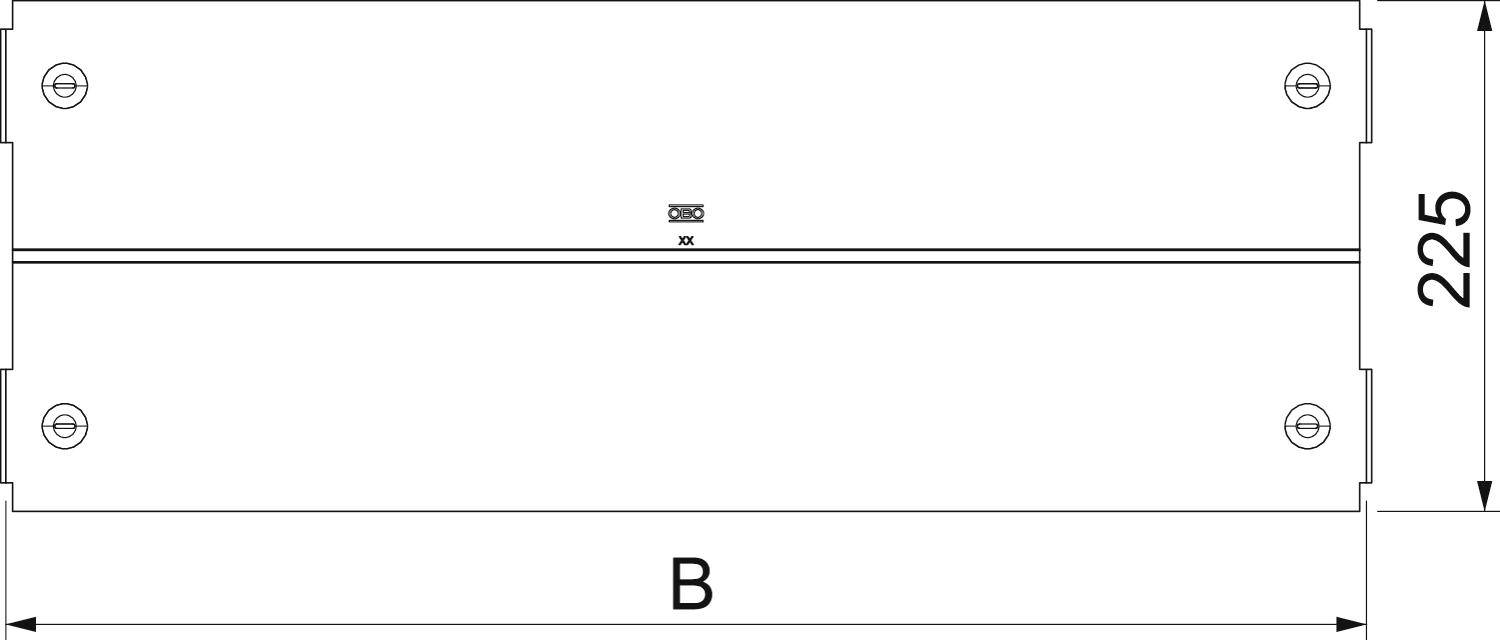 Výkres obdĺžnikového konštrukčného prvku s výškou 225 mm a šírkou 'B', so skrutkami v rohoch.