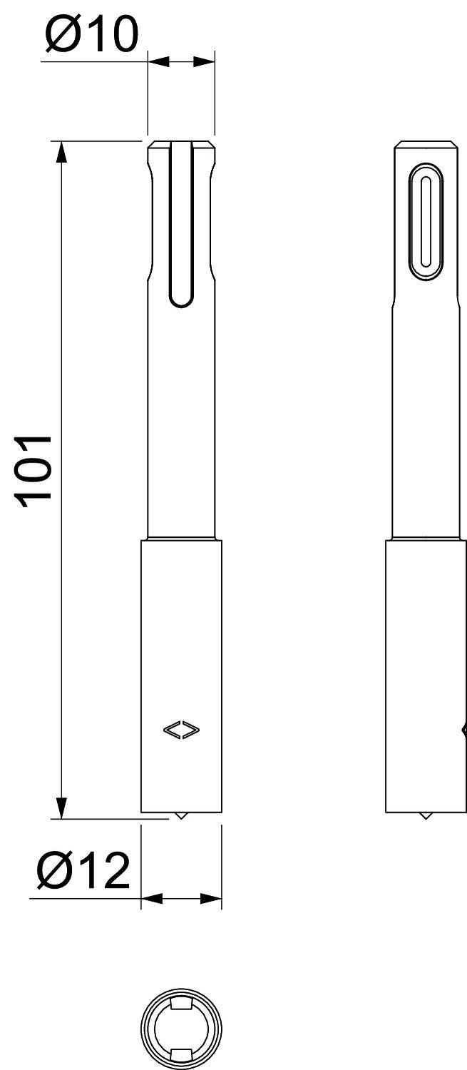 Technický výkres valcovitej súčiastky. Dĺžka 101 mm, priemer hore 10 mm, dole 12 mm. Dva pohľady a priečny rez.