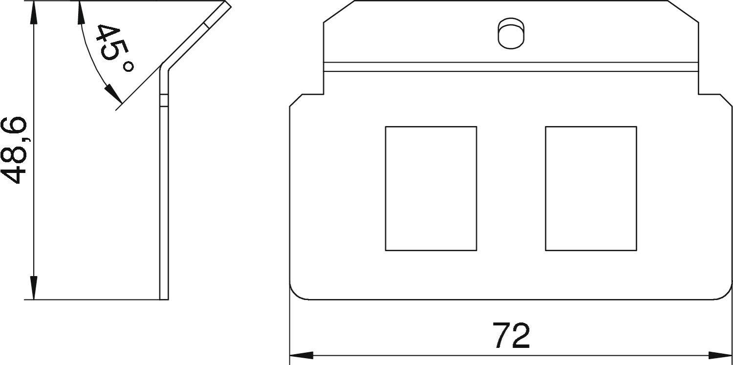 Technický výkres súčiastky s bočným a predným pohľadom. Rozmery: 48,6 mm výška, 72 mm šírka; sklon 45°.
