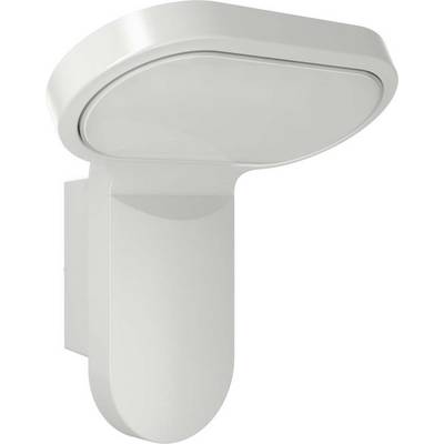 Biela, moderná vonkajšia nástenná lampa so zaoblenými tvarmi, vhodná na osvetlenie exteriérových priestorov.