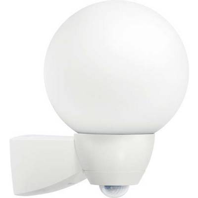 Guľatá biela vonkajšia lampa s integrovaným pohybovým senzorom. Ideálna na montáž na stenu v exteriéri pre osvetlenie pri pohybe.