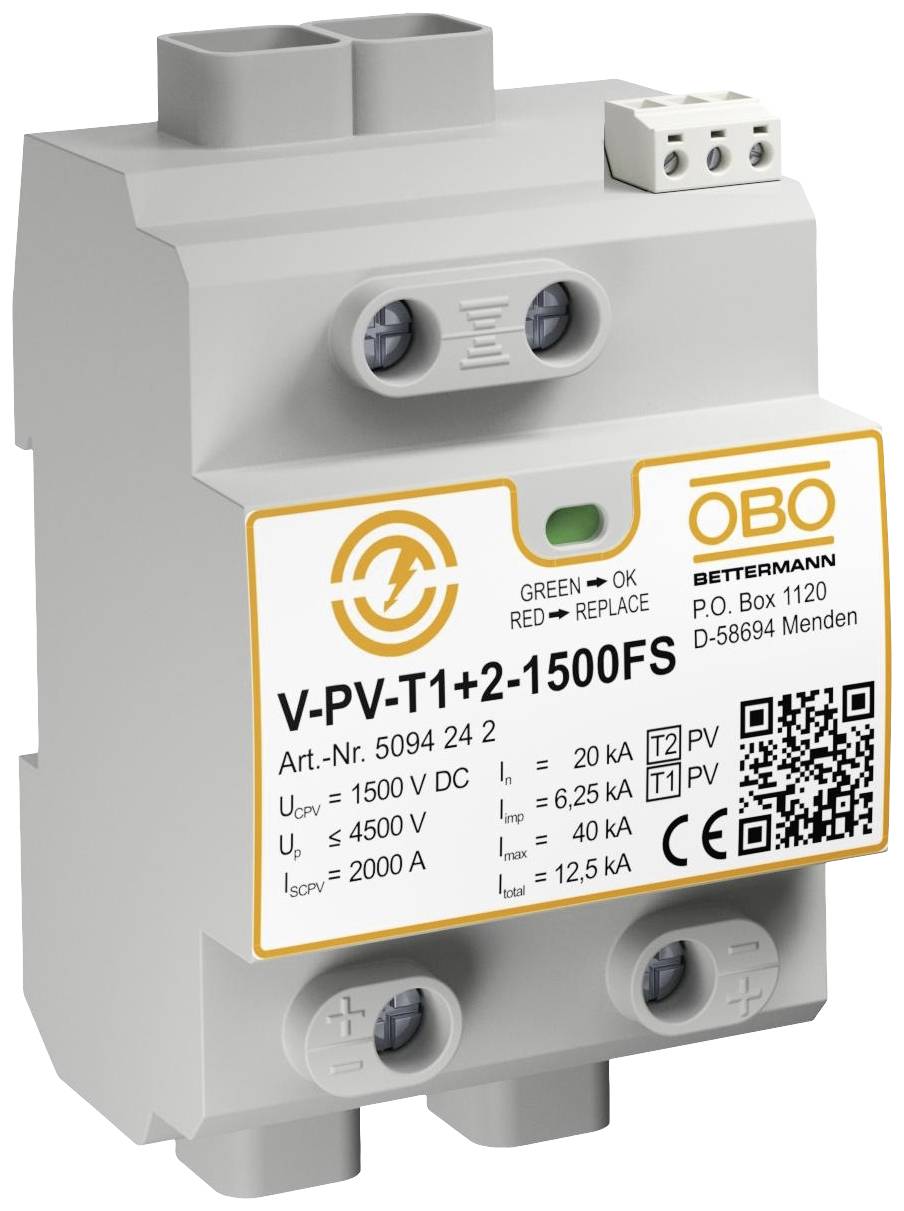 Zariadenie na ochranu pred prepätím od OBO Bettermann, model V-PV-T1+2-1500FS, s pripojovaciími svorkami a technickými špecifikáciami.