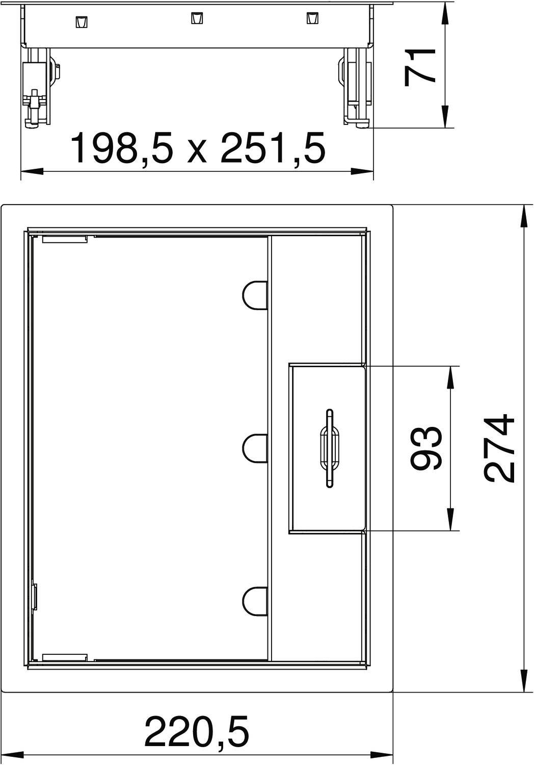 Technický výkres obdĺžnikového objektu s rozmermi: dĺžka 198,5 x 251,5, šírka 220,5, výška 274. Obsahuje malý priestor/priehradku.