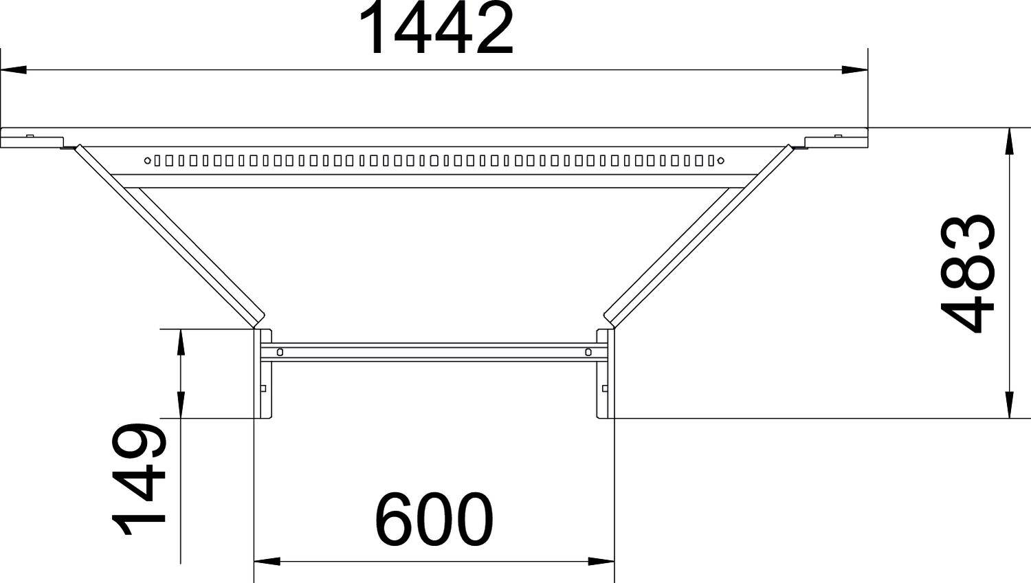 Technický výkres obdĺžnikového komponentu. Rozmery: dĺžka 1442 mm, výška 483 mm, šírka 600 mm. Výška podstavca 149 mm.