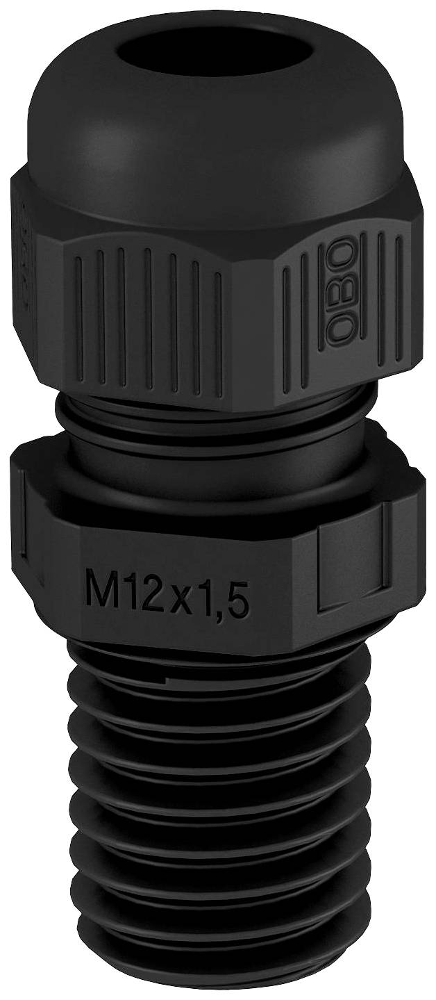 Čierna kabelová vývodka s označením 'M12x1,5' a 'OBO', vhodná na ochranu a vedenie elektrických káblov.