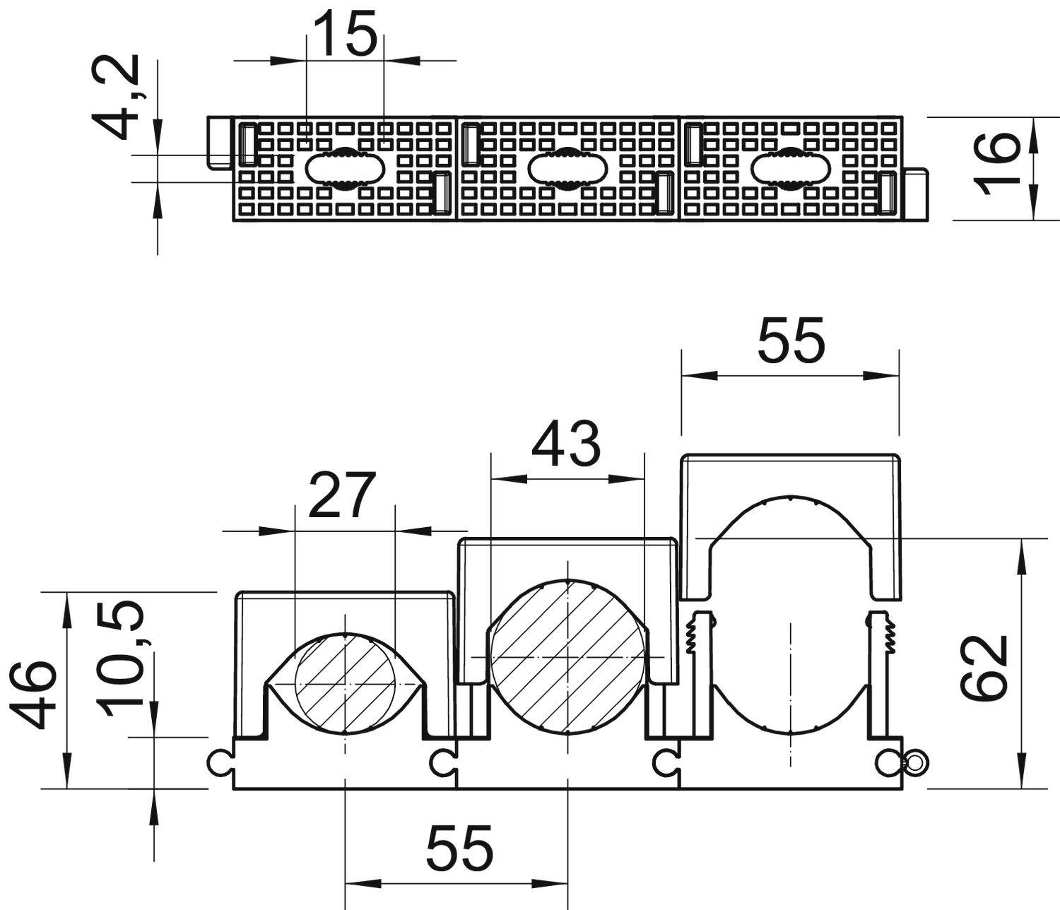 Technický výkres z dvoch pohľadov: Hore obdĺžnikový tvar s rozmermi, dole tri rôzne profily s podrobnými rozmermi.