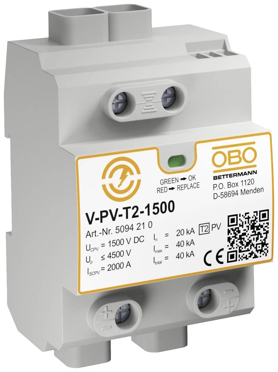 Zariadenie na ochranu pred prepätím od OBO Bettermann, model V-PV-T2-1500, s údajmi o napätí a prúde na štítku.