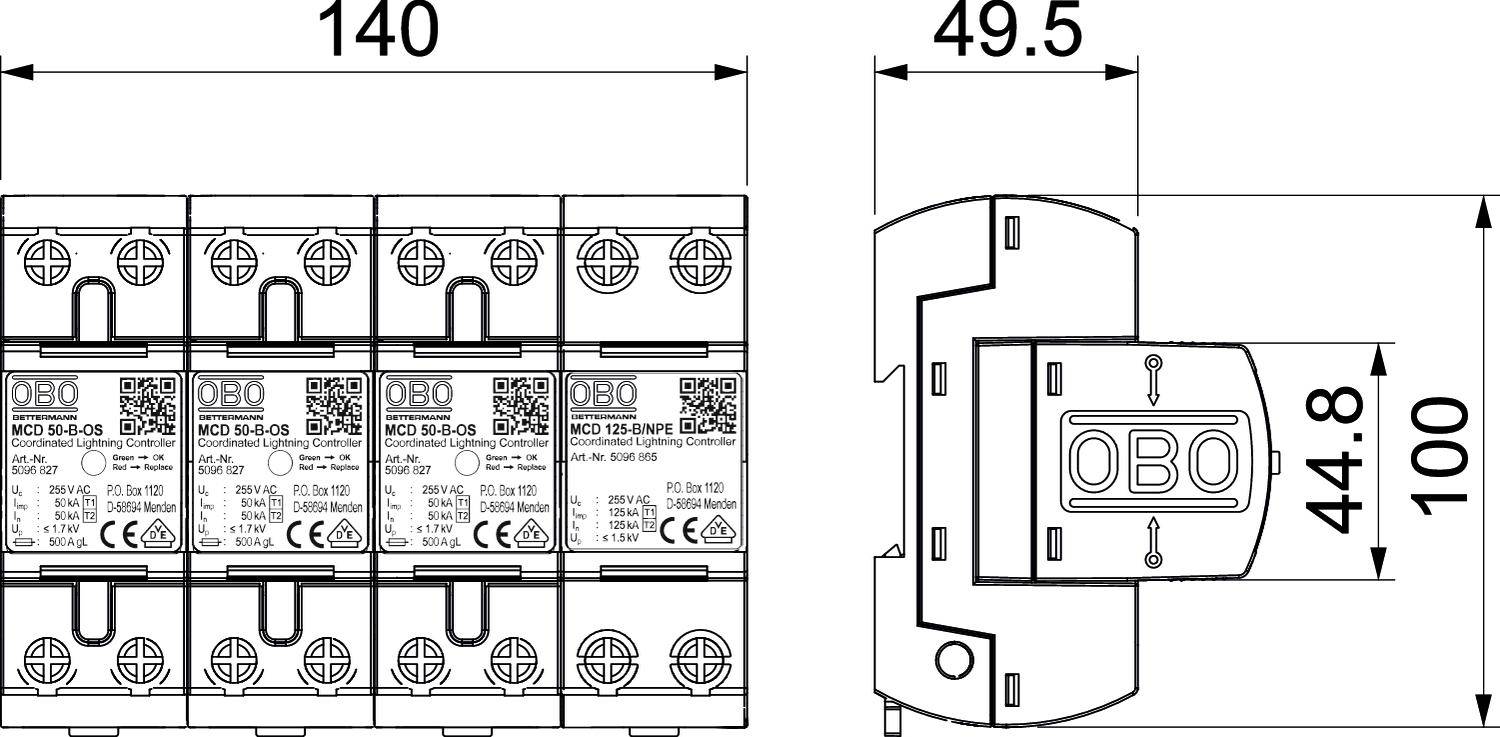 Technický výkres modulárneho zariadenia s rozmermi: šírka 140 mm, hĺbka 49,5 mm, výška 100 mm. Zobrazuje prípojky a označenia.
