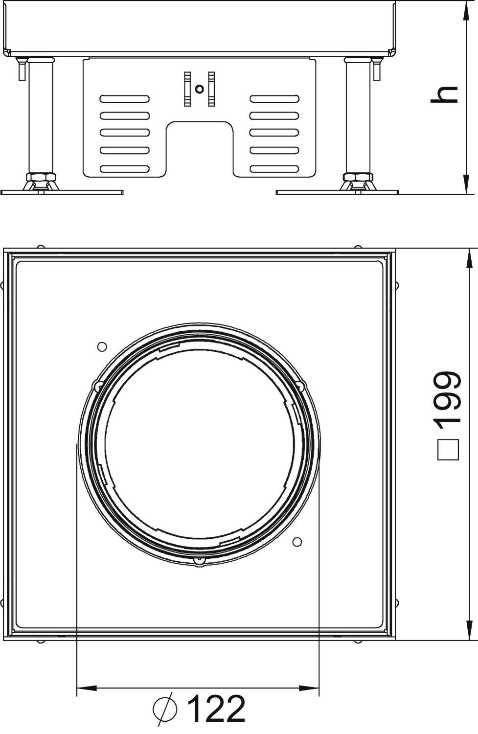 Technický výkres štvorcového puzdra s kruhovým vstupom o priemere 122 mm a výške 199 mm.