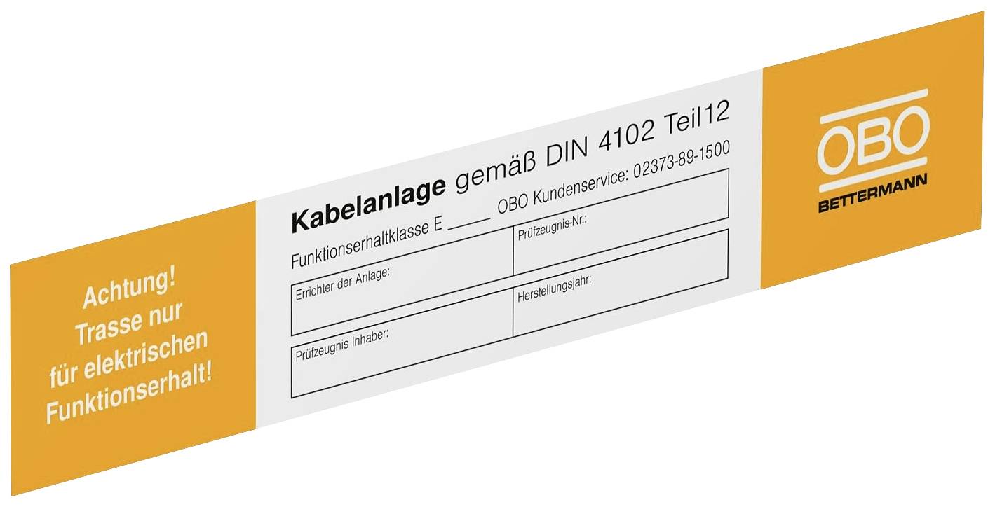 "Pozor! Trasa len pre elektrickú funkčnosť!" a "Káblový systém podľa DIN 4102 časť 12" s logom OBO BETTERMANN.