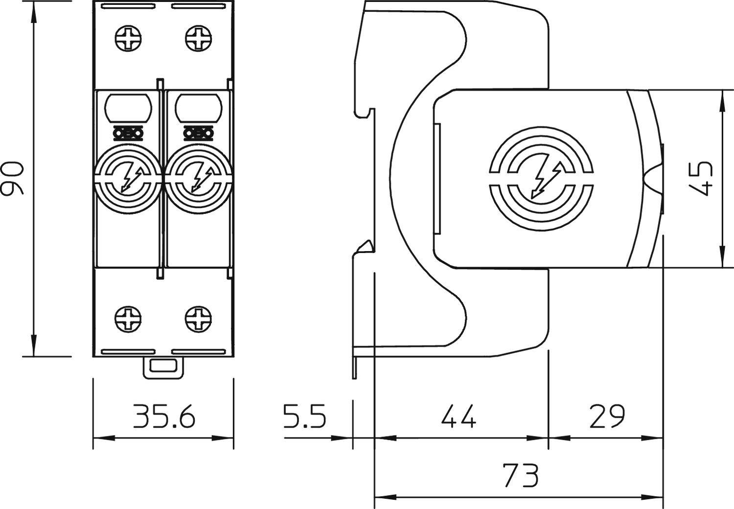 Technický výkres elektrickej poistky s rozmermi: 90 mm výška, 73 mm šírka, 35,6 mm hĺbka. Obsahuje symboly.