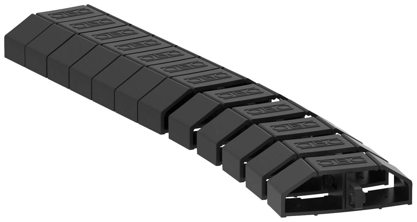 Čierny krycia chránička alebo kabelový kanál pozostávajúci z viacerých obdĺžnikových segmentov, ktoré spoločne vytvárajú flexibilnú ochrannú pomôcku.