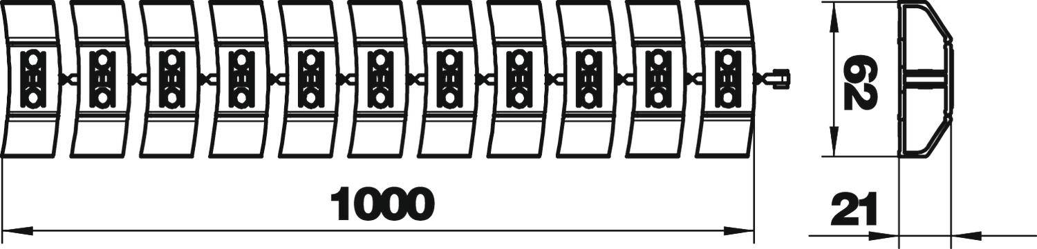 Technický výkres kabelového kanála s rozmermi: dĺžka 1000 mm, šírka 21 mm, výška 33 mm.