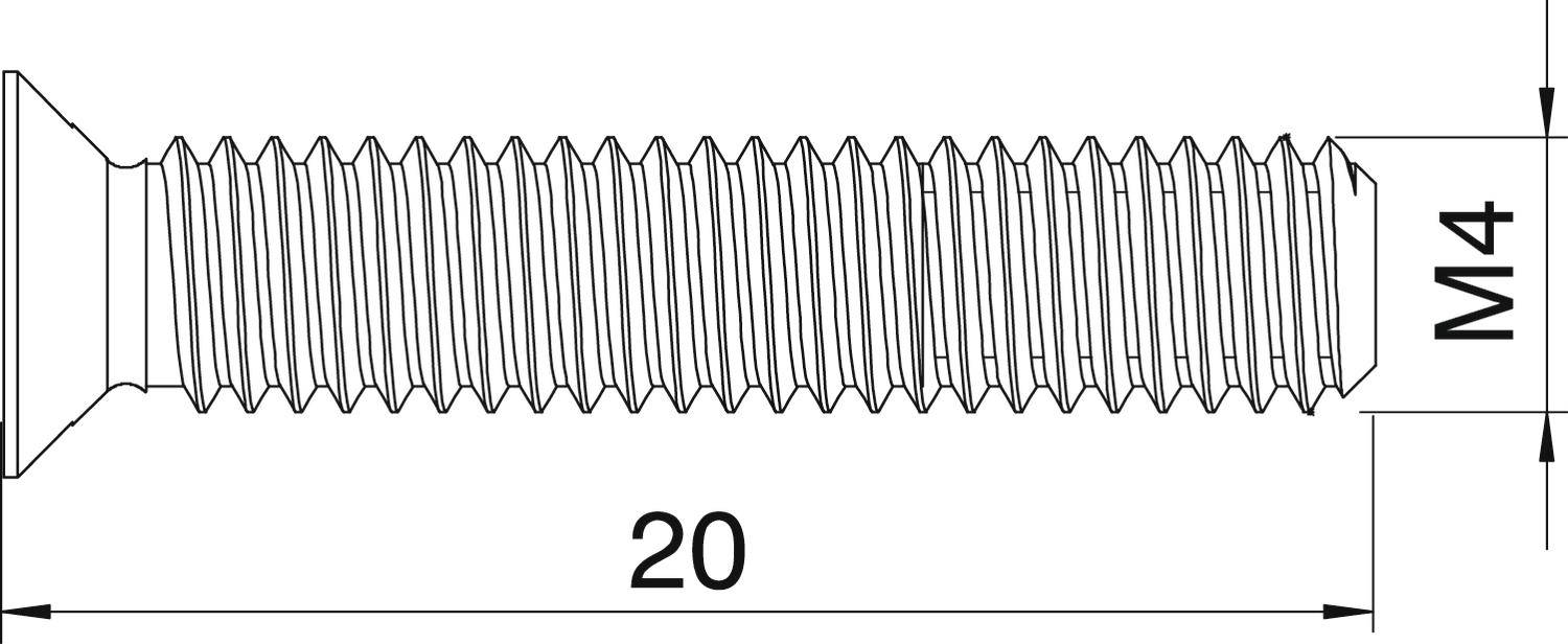 Technický výkres skrutky so zápustnou hlavou s metrickým závitom M4 a dĺžkou 20 mm. Vľavo hlava, vpravo rozmer M4 zobrazený kolmo.