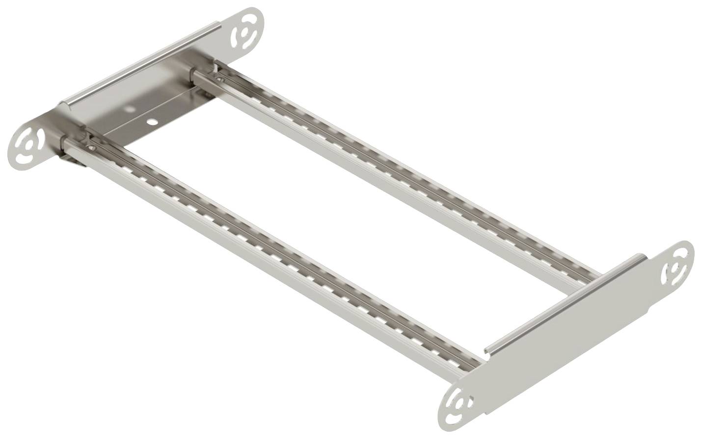 Kovový držiak na zásuvky pozostávajúci z dvoch paralelných koľajničiek a upevňovacích skrutiek na koncoch.
