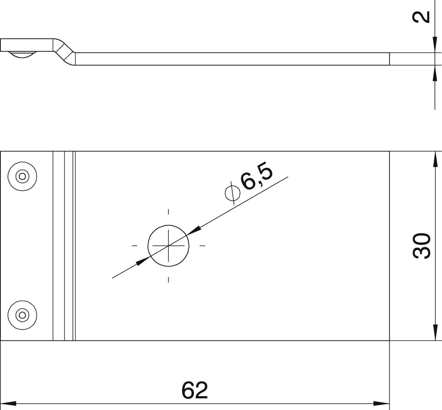 Technický výkres obdĺžnikovej kovovej dosky s dvoma otvormi. Rozmery: 62 mm dlhá, 30 mm vysoká. Jeden otvor má priemer 6,5 mm.