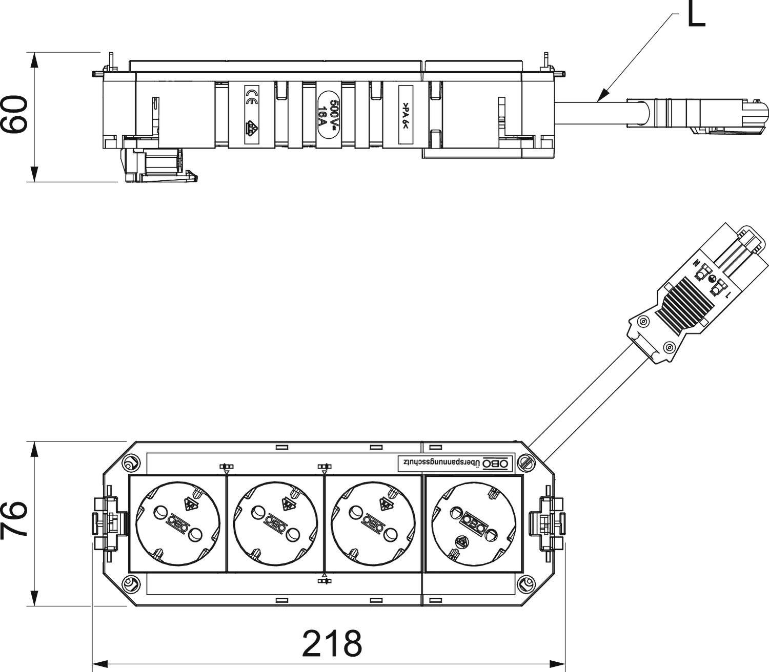 'Elektrotechnický plán: Rozvodná lišta pohľadom zhora. Rozmery: Výška 60 mm, šírka 76 mm, dĺžka 218 mm. Pripojenie kábla vpravo.'