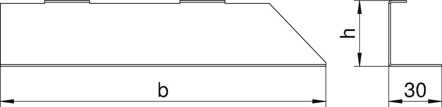 Technický výkres s rozmermi: šírka 'b', výška 'h' a plocha 30. Zobrazuje obdĺžnikový profil so skosenskou hranou.