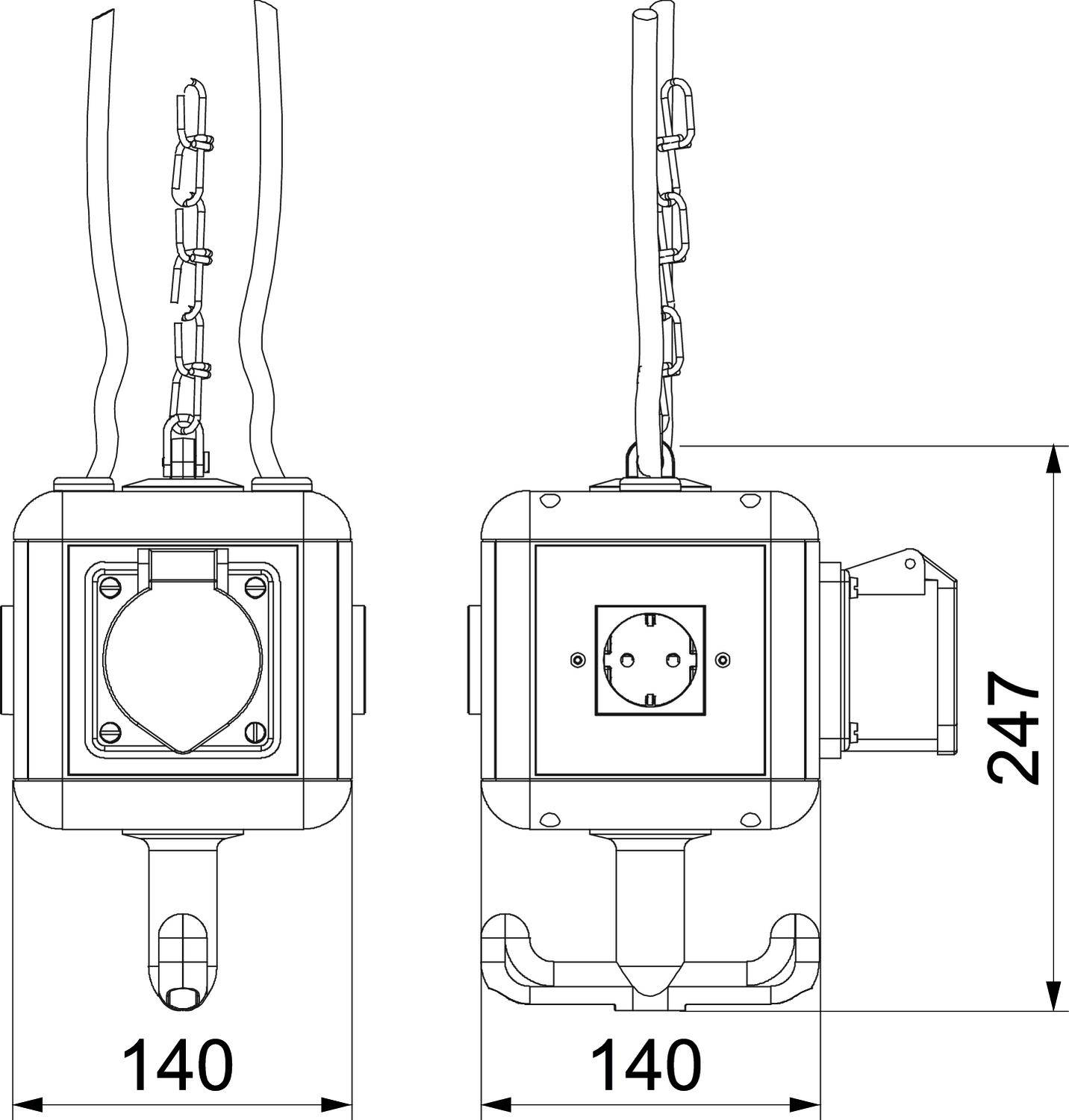 Technický výkres obdĺžnikového puzdra s rozmermi 140x140x247 mm. Zobrazuje predný a bočný pohľad s priechodkami pre káble.