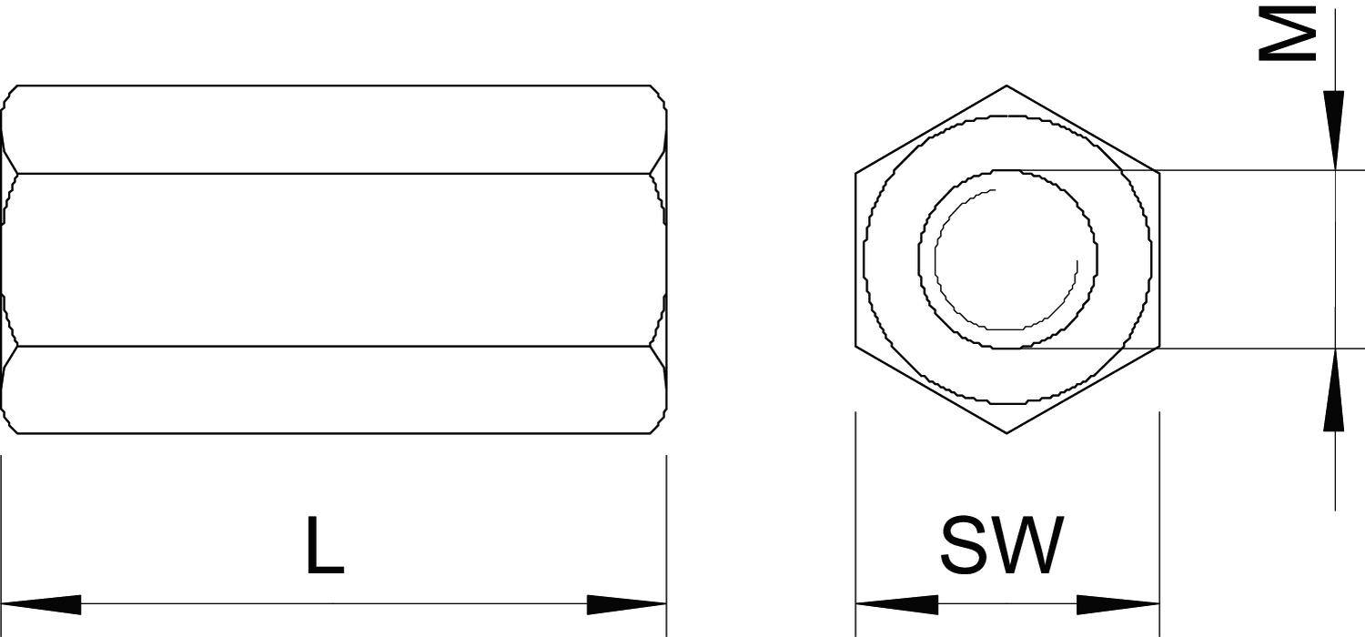 Technický výkres šesťhrannej matice z dvoch perspektív; uvedené dĺžkové ('L'), šírkové ('SW') a výškové ('M') rozmery.