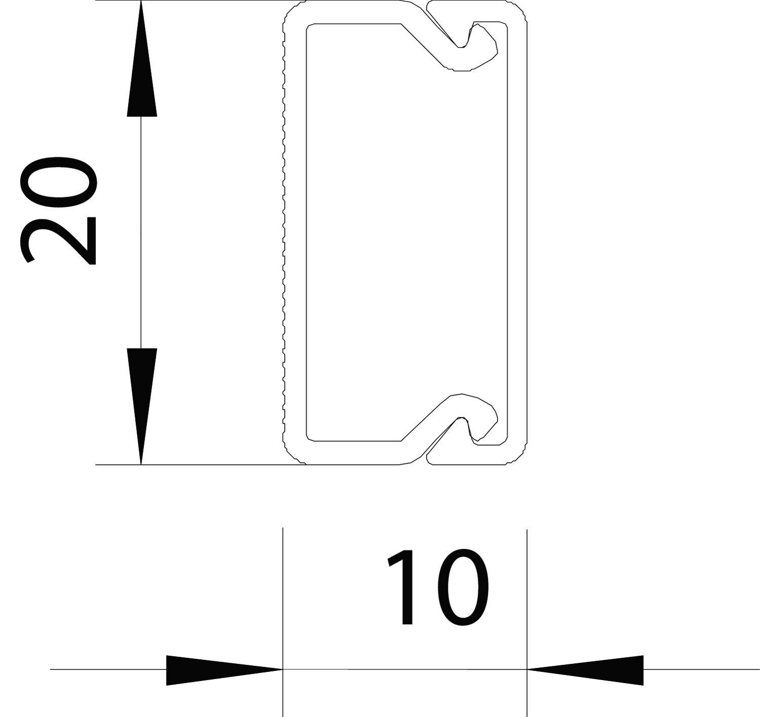 Priečny rez obdĺžnikovým vodiacim drážkovým profilom s rozmermi: výška 20 mm, šírka 10 mm. Výkres znázorňuje drážky určené na upevnenie komponentov.