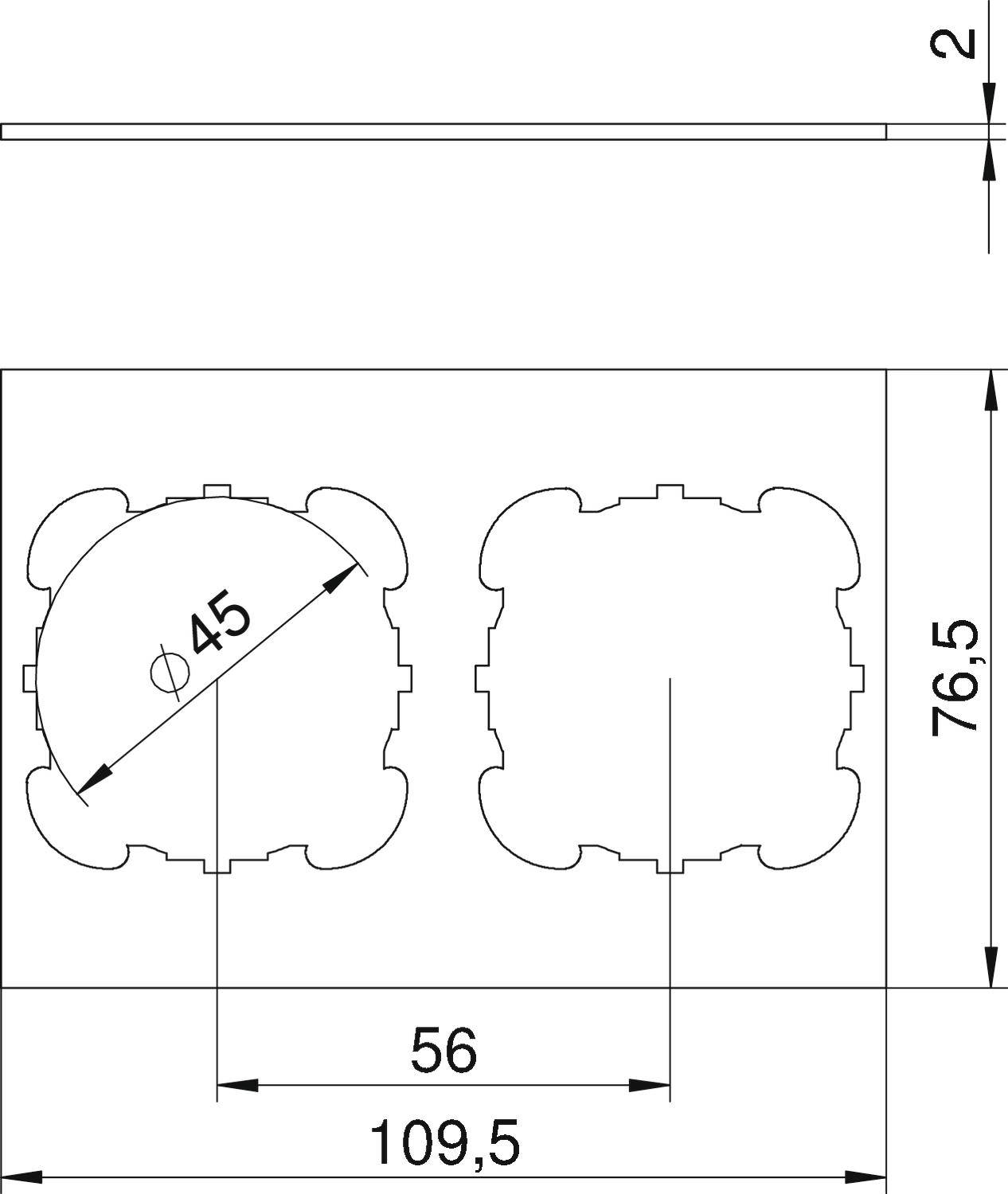 Technický výkres: Dva identické komponenty umiestnené vedľa seba. Každý s priemerom 45 mm. Celková dĺžka 109,5 mm, šírka 76,5 mm.